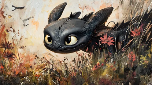 Curious black dragon peeks from wildflowers with bright joy