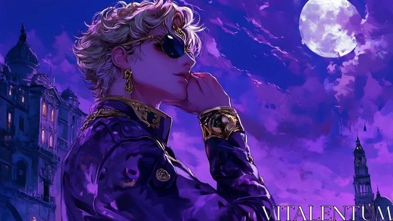 Moonlit blond figure in violet cityscape with golden accents.