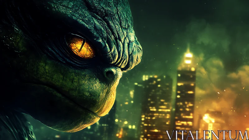 Brooding reptile titan watches neon city burn below dusk.