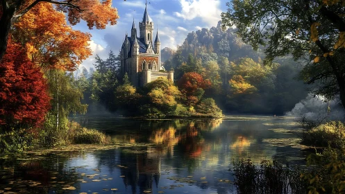 Fairytale castle rises above an autumn forest lake reflection.