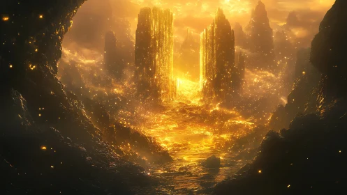 Golden Chasm: Where Starlit Towers Rise Through Luminous Clouds.