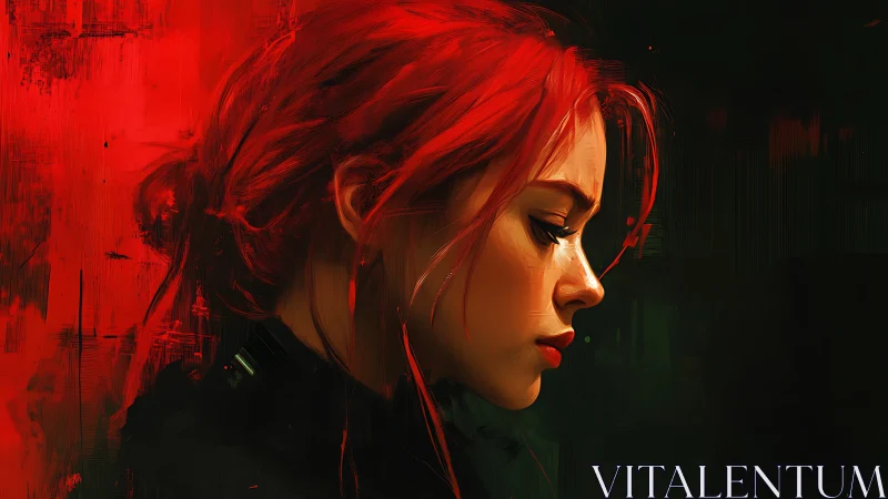 Digital painting profile study of red-haired woman in chiaroscuro.