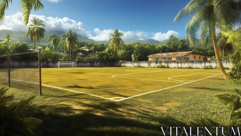 Tropical rural football pitch with palm trees and mountains