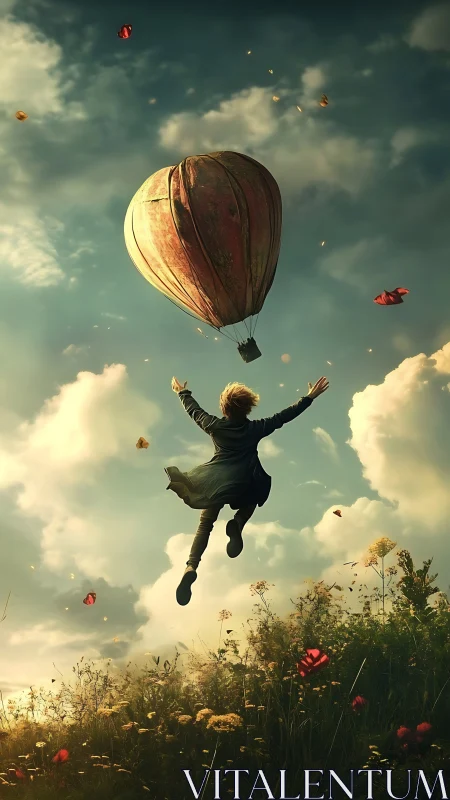 Child reaching toward heart balloon over wildflower field.