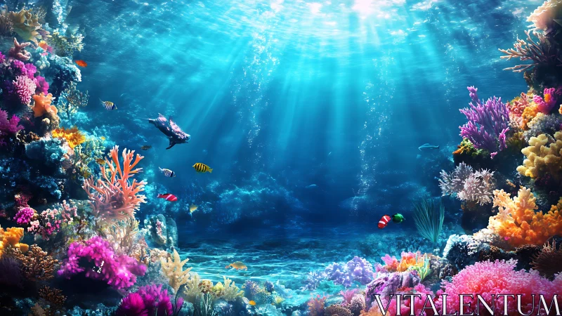 Underwater coral reef scene with diverse marine fish life.