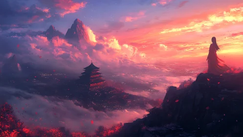 Backlit robed figure surveys misty pagoda city at volumetric sunset