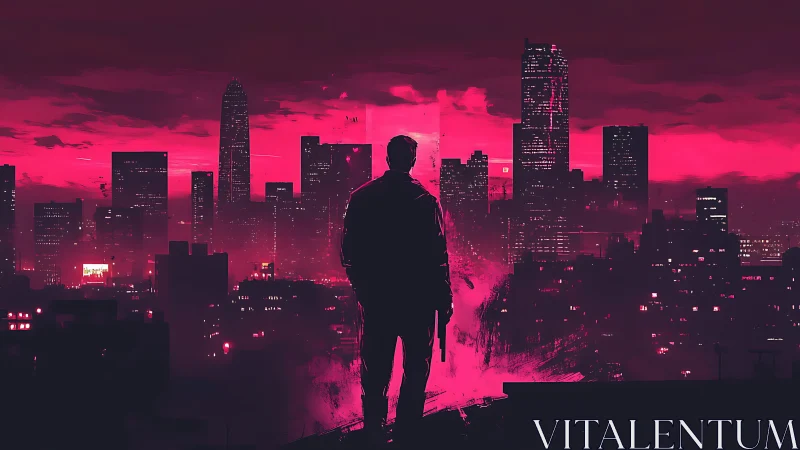 Neon-lit lone figure overlooking crimson cyberpunk skyline.