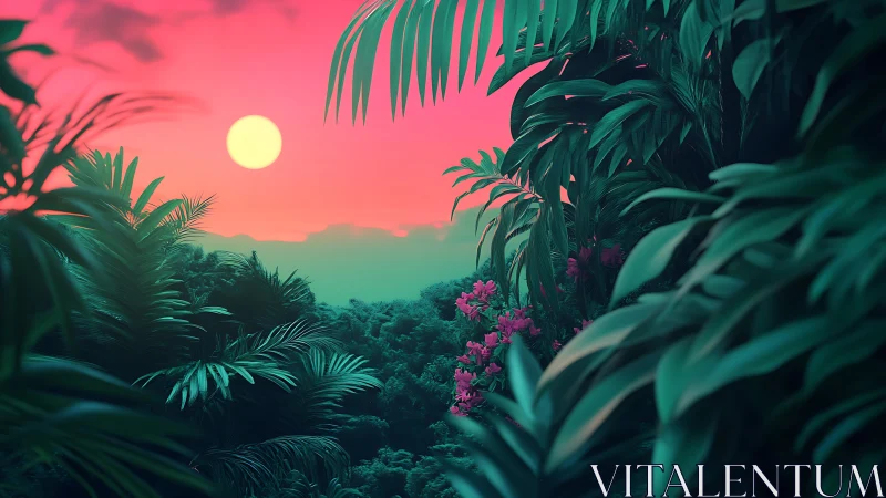 Neon sunset glows over lush tropical jungle foliage