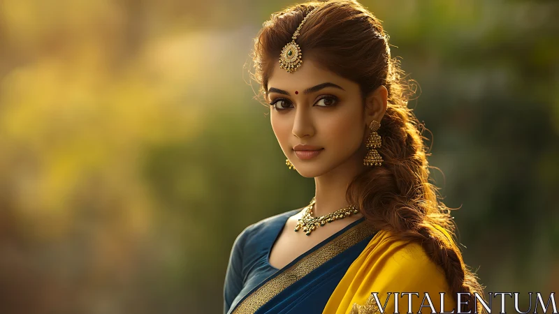 Portrait of jeweled woman in blue and yellow sari at golden hour