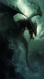 Storm-lit shadow dragon coils through misty, haunted skies