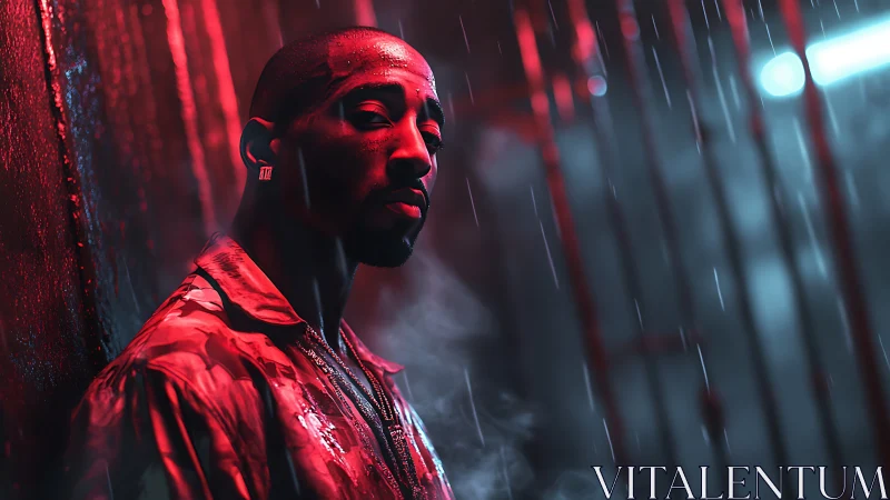 Neon rain carves a lone thinker from shadows and steam