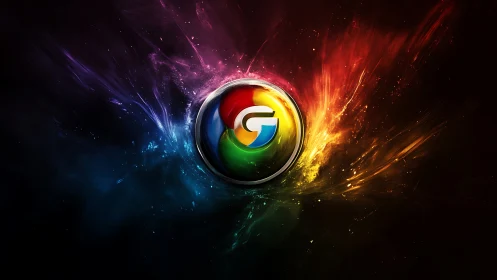 Glowing chrome sphere radiates multicolor energy bursts.