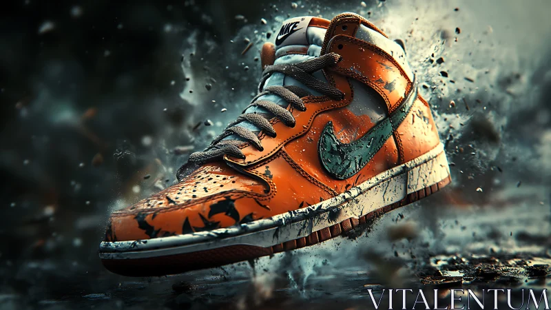 Orange Nike sneaker in dynamic outdoor splash motion scene.