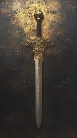 Ornate gold-embellished longsword displayed on oxidized wall