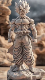 Hyper-detailed stone warrior figurine on eroded rocky plinth.