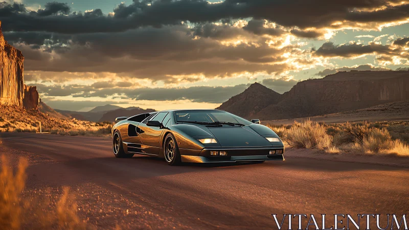 Sunlit desert road welcomes a sleek classic sports car.