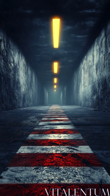 Neon ceiling beacons guide a red-striped path into shadow