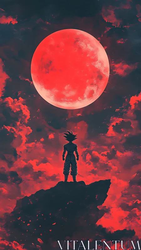 Silhouetted warrior stands beneath huge red moon sky.