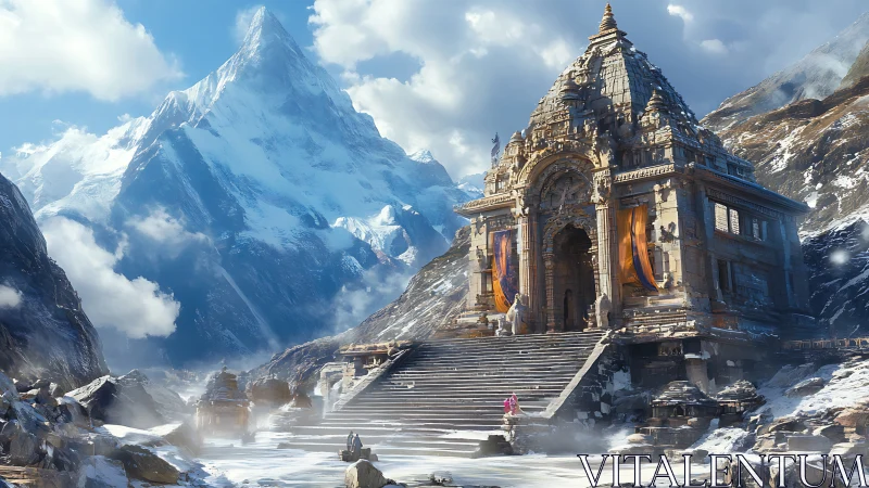 Stone mountain temple structure in snowy alpine landscape.