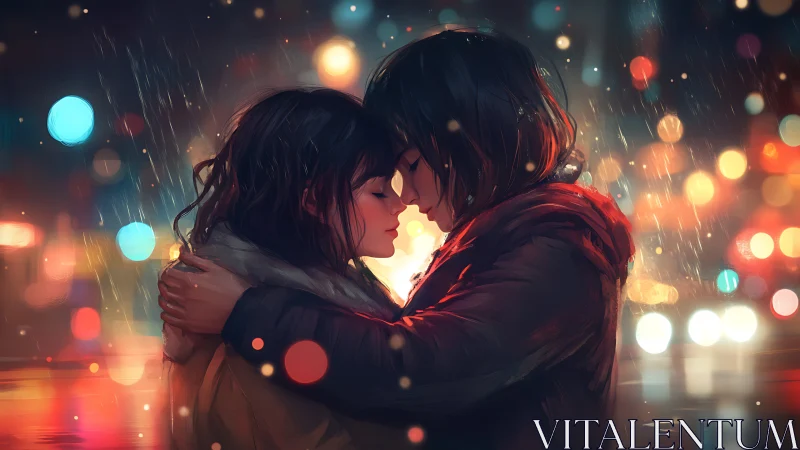 Romantic couple embraced in rainy cityscape with bokeh lights.