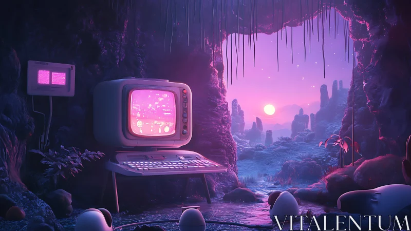 Retro terminal in neon alien cave overlooking violet sunset.