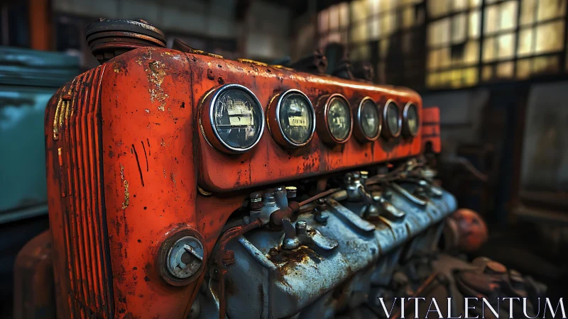 Aged industrial engine block with worn orange housing.