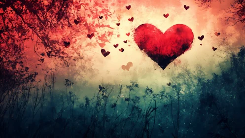 Stylized Heart Form with Atmospheric Forest Gradient.