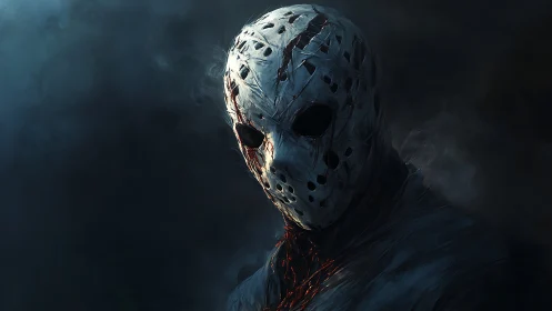 Mask of midnight dread in swirling, bloodstained fog.