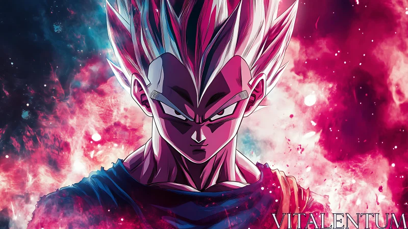 Determined anime warrior stands amid vivid cosmic energy storm