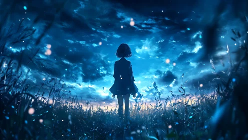 Girl stands in glowing field under vast blue night sky.