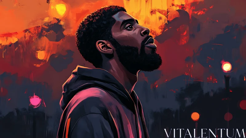 Side-profile portrait of man against abstract orange sky