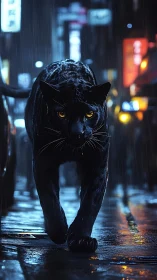 Black panther positioned in urban rain environment.