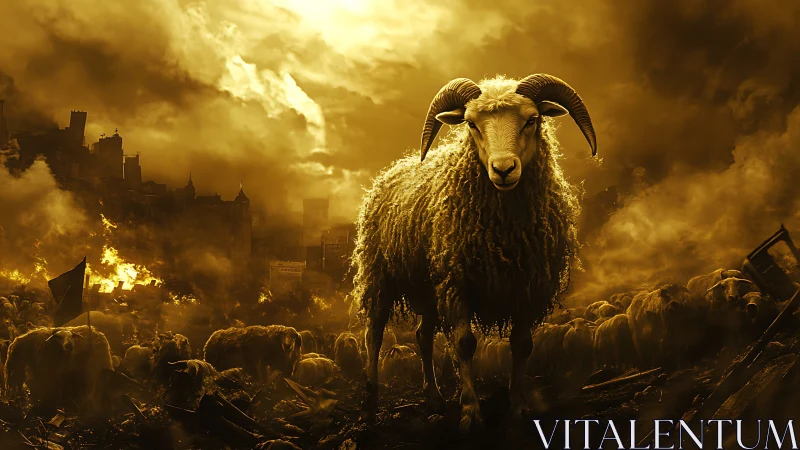 Apocalyptic ram monarch strides through ember-soaked twilight.