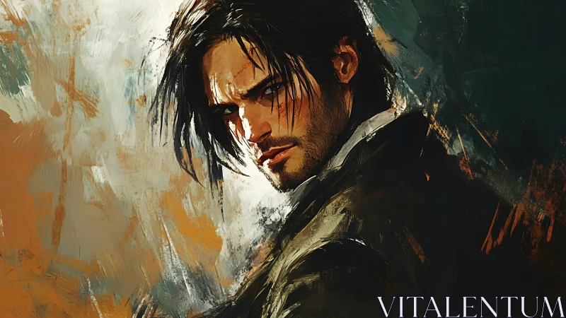 Brooding wanderer wrapped in stormy painterly shadows.