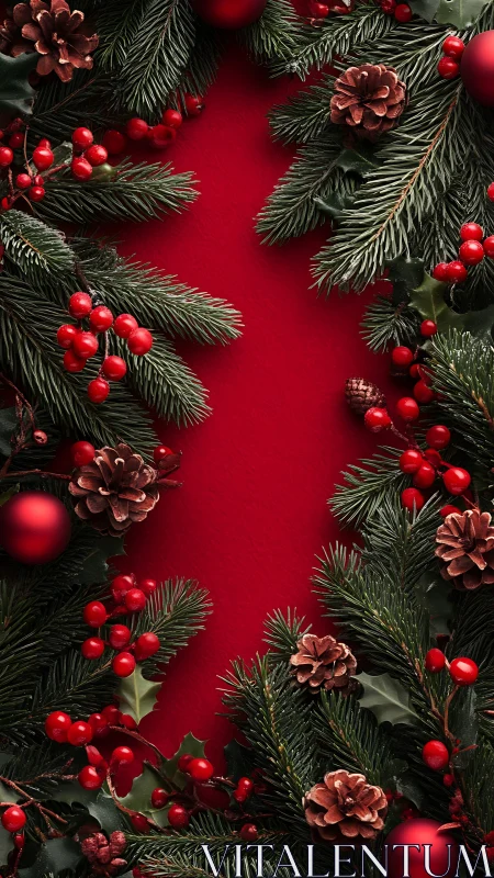 Christmas pine branches and red berries on red background.