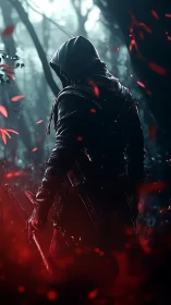 Hooded swordsman stands in a foggy forest with red particles