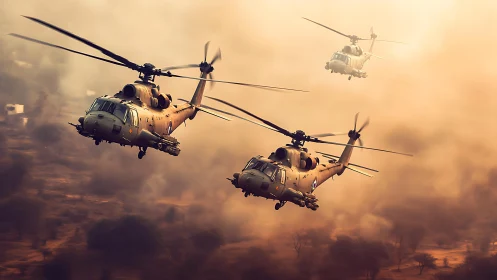 Helicopters sweeping through a smoky sky in bold formation.