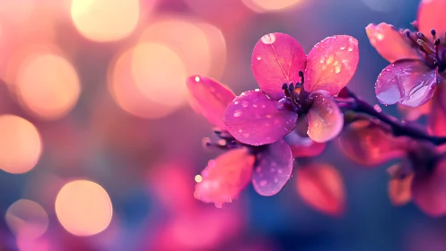 Macro bokeh study of dewy pink blossoms in sunset light