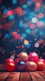 Colorful latex balloons on wood with defocused bokeh lights
