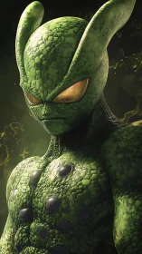 Reptilian humanoid warrior with bioluminescent carapace armor