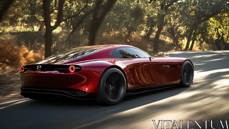 Photorealistic red grand tourer on winding forest roadway.