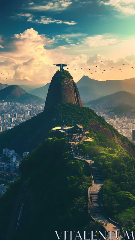 Sunlit Rio mountain path leading toward a welcoming statue.