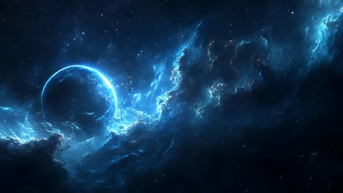 Celestial tide of blue nebulae cradling a hidden world.