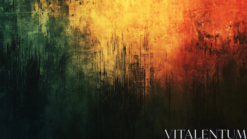 Abstract grunge painting with gold, green, and orange textures.