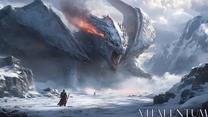 Snow-covered valley shows robed figure facing large dragon
