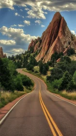 Ribbon road winding toward towering red stone spires under sky.