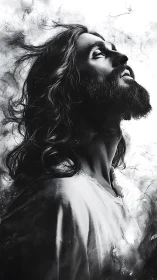 Upturned gaze carves light from storm-cloud charcoal mist