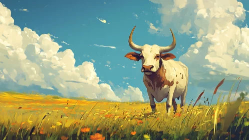 Longhorn cow stands in wildflower meadow under bright sky
