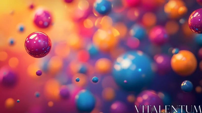 Glossy multicolor spheres float in a shallow depth 3D scene