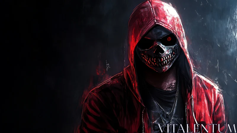 Hooded skull figure glowing in red light and shadowed night.